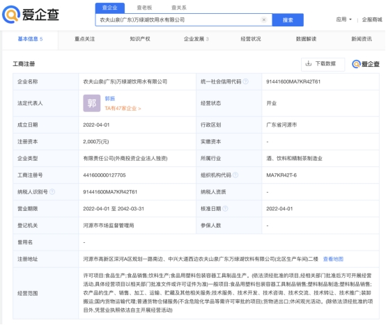 据爱企查App显示，农夫山泉在广东成立新公司，注册资本2000万元